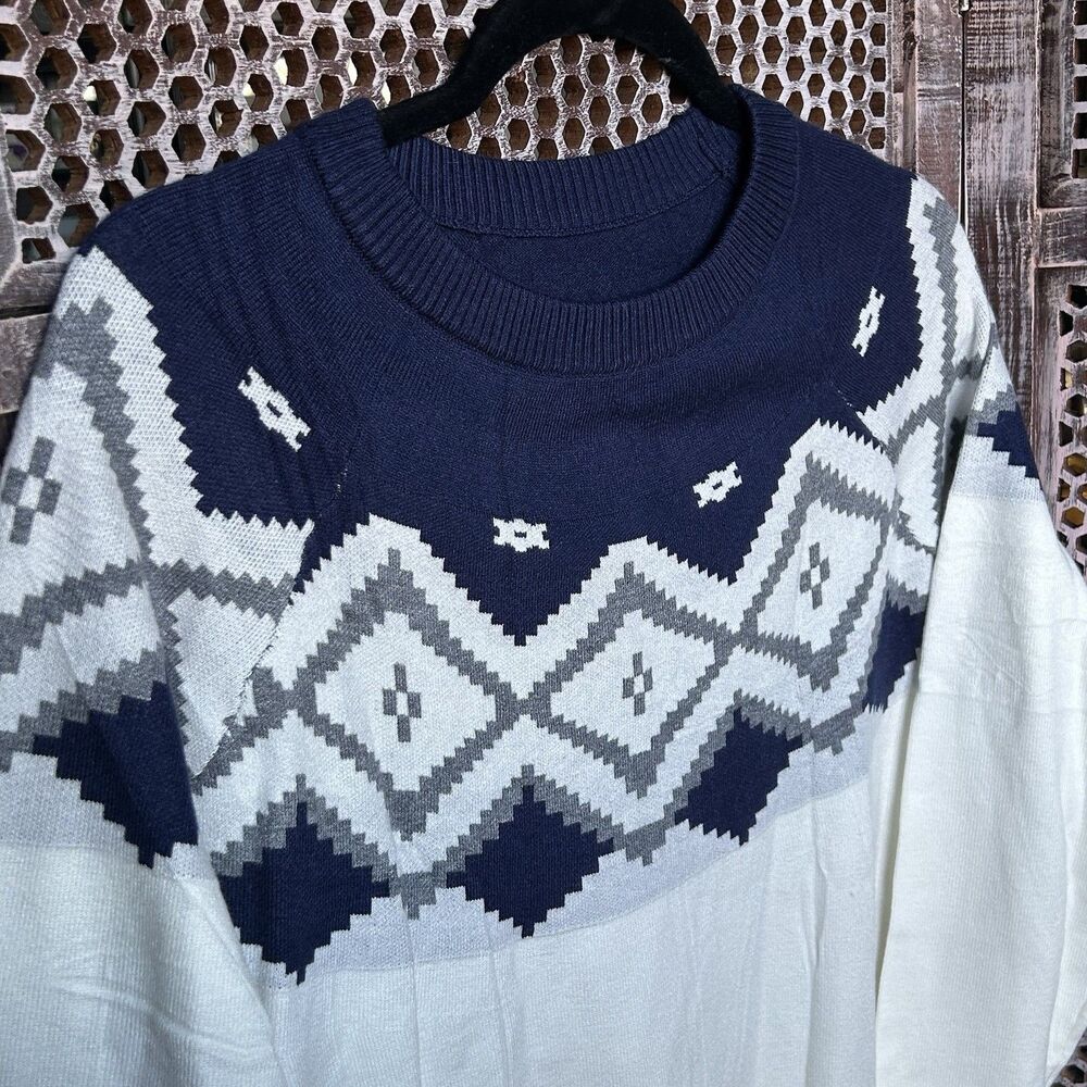 Lomon Cream & Navy Fair Isle Raglan Sleeve Crewneck Incredibly Soft Sweater NEW